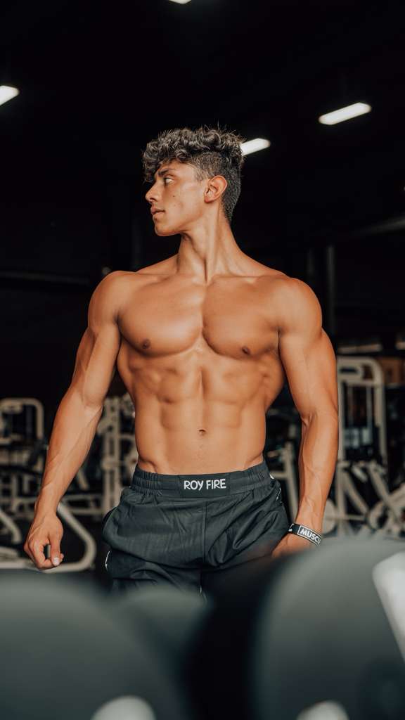 A muscular young man with defined abs and curly hair stands shirtless in a gym, wearing black shorts. Behind him is exercise equipment. Josue Fit by TOYS4FANS—coming soon!.
